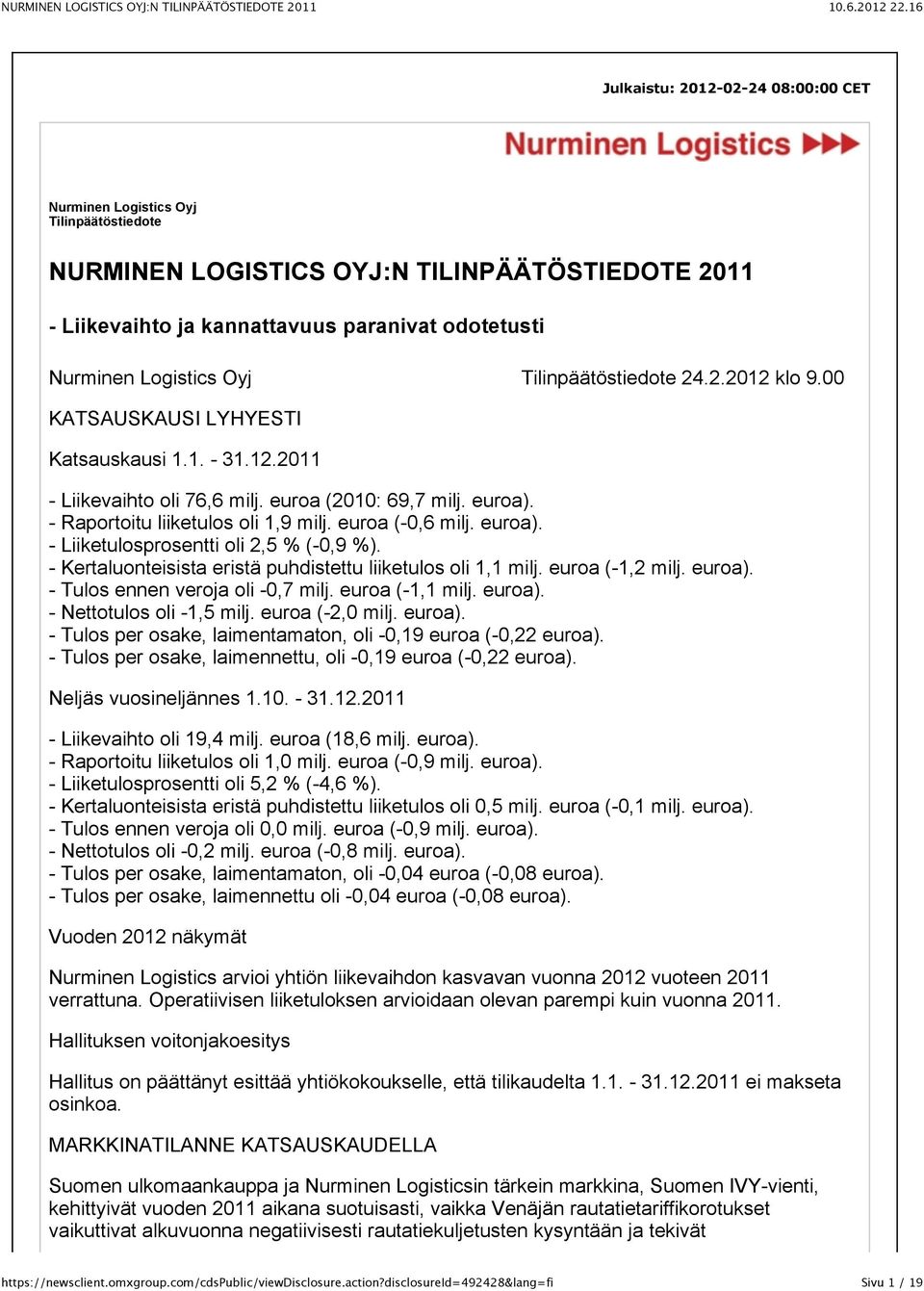 euroa (-0,6 milj. euroa). - Liiketulosprosentti oli 2,5 % (-0,9 %). - Kertaluonteisista eristä puhdistettu liiketulos oli 1,1 milj. euroa (-1,2 milj. euroa). - Tulos ennen veroja oli -0,7 milj.