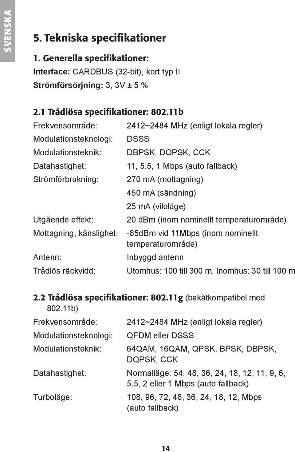 DSSS DBPSK, DQPSK, CCK 11, 5.