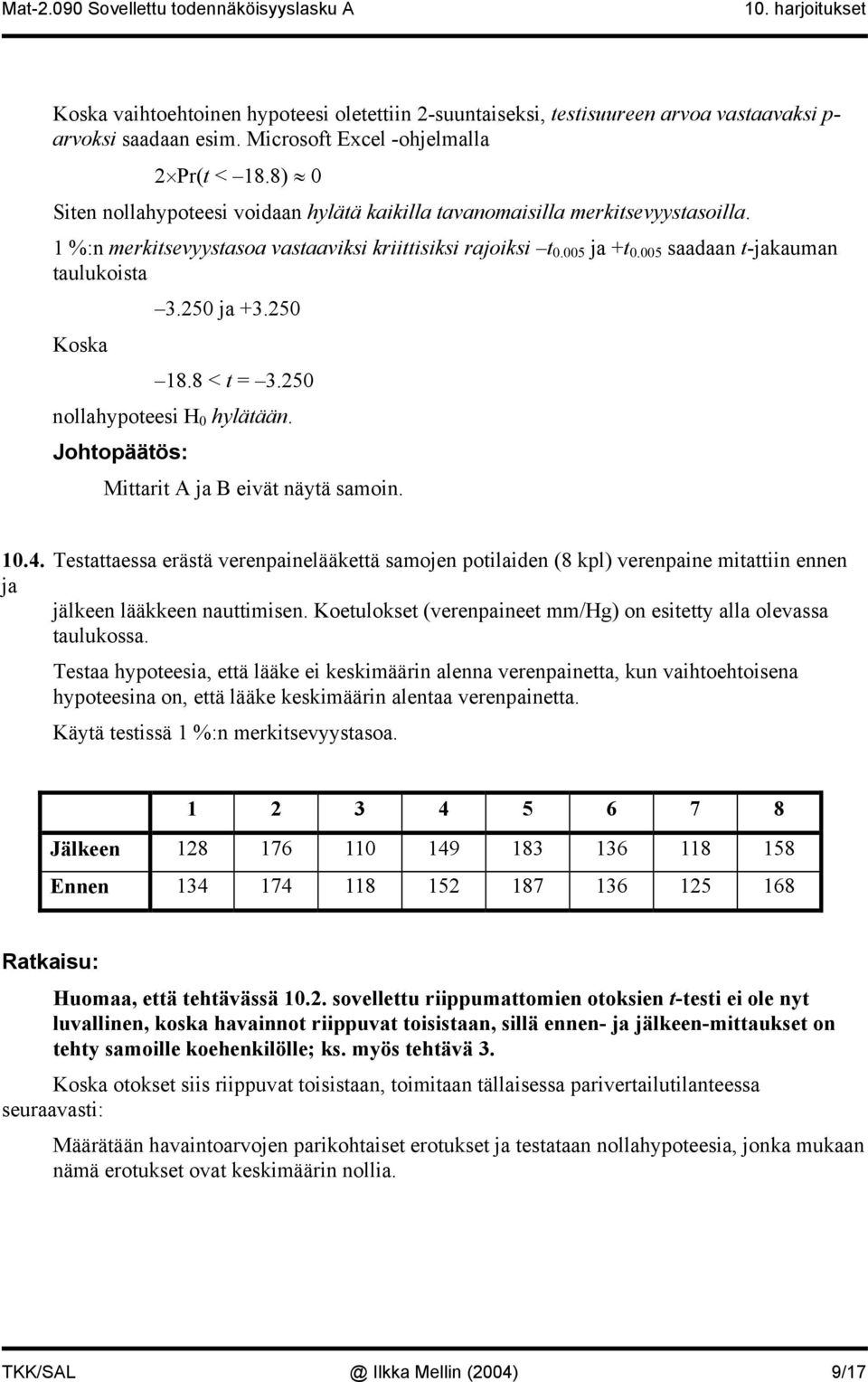 8 < t = 3.50 ollahypoteei H 0 hylätää. Johtopäätö: Mittarit A ja B eivät äytä amoi. 0.4. Tetattaea erätä verepaielääkettä amoje potilaide (8 kpl) verepaie mitattii ee ja jälkee lääkkee auttimie.