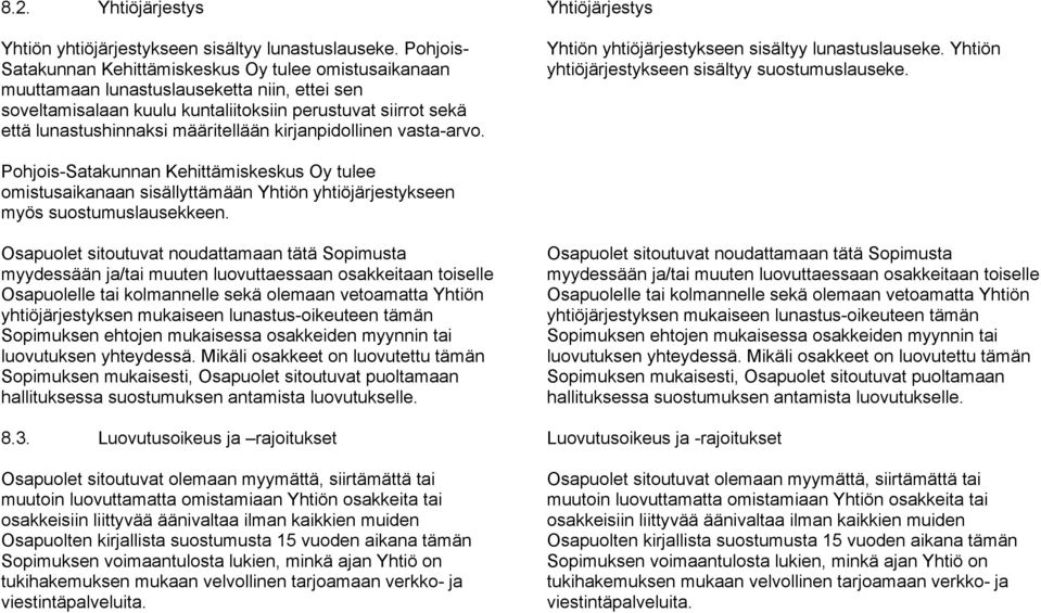 määritellään kirjanpidollinen vasta-arvo. Yhtiöjärjestys Yhtiön yhtiöjärjestykseen sisältyy lunastuslauseke. Yhtiön yhtiöjärjestykseen sisältyy suostumuslauseke.