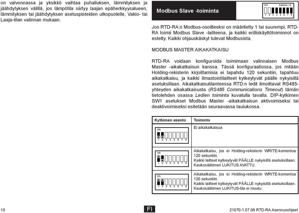 Modbus Slave -toiminta Address >0 Jos RTD-RA:n Modbus-osoitteeksi on määritetty 1 tai suurempi, RTD- RA toimii Modbus Slave -laitteena, ja kaikki erilliskäyttötoiminnot on estetty.