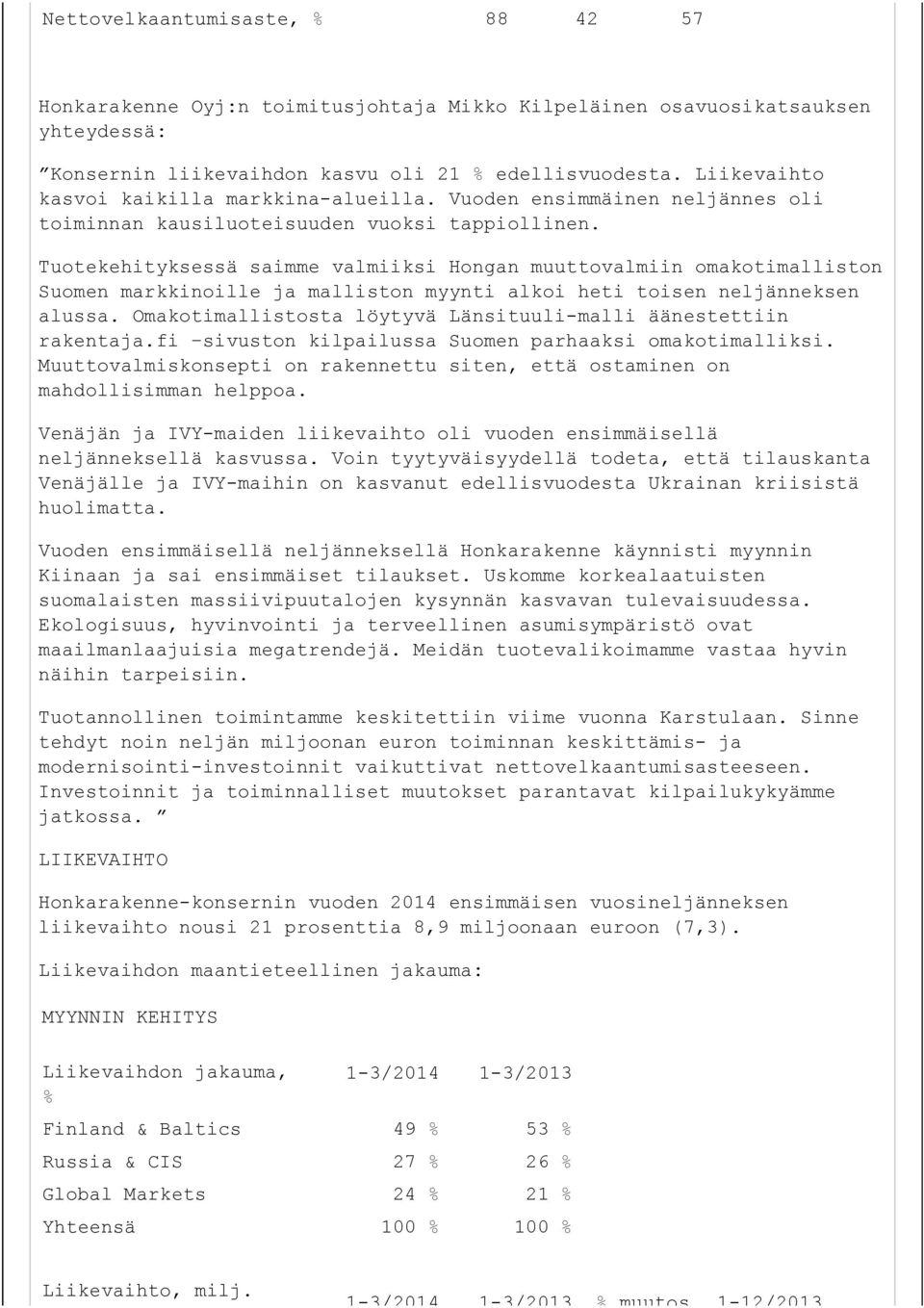 Tuotekehityksessä saimme valmiiksi Hongan muuttovalmiin omakotimalliston Suomen markkinoille ja malliston myynti alkoi heti toisen neljänneksen alussa.