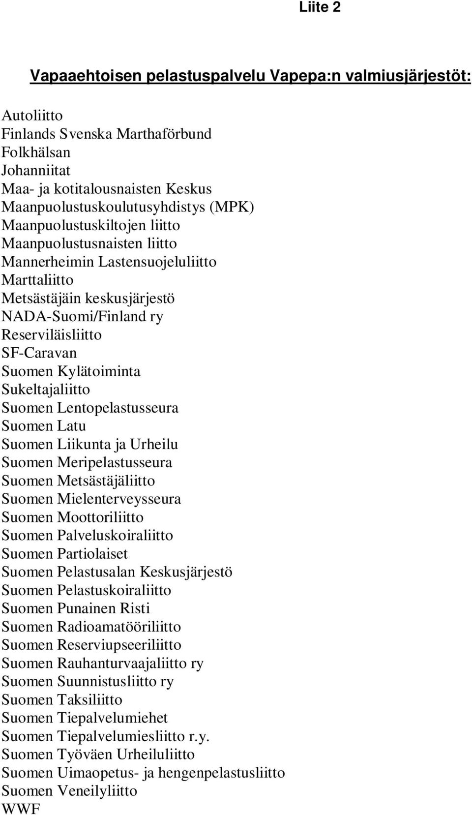 Kylätoiminta Sukeltajaliitto Suomen Lentopelastusseura Suomen Latu Suomen Liikunta ja Urheilu Suomen Meripelastusseura Suomen Metsästäjäliitto Suomen Mielenterveysseura Suomen Moottoriliitto Suomen