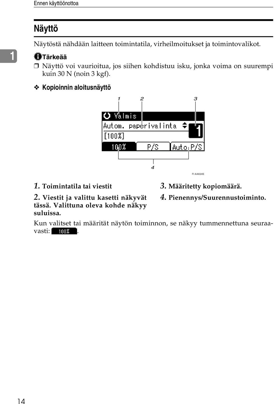 Kopioinnin aloitusnäyttö 1 2 3 AAX024S 4 FI AAI024S 1. Toimintatila tai viestit 2. Viestit ja valittu kasetti näkyvät tässä.