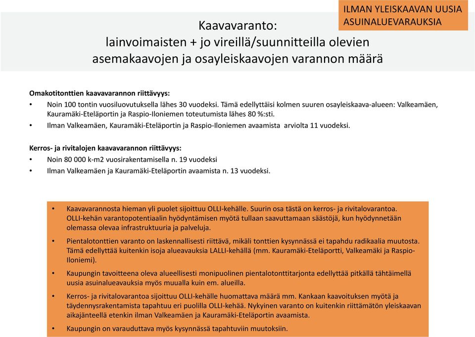 Ilman Valkeamäen, Kauramäki-Eteläportin ja Raspio-Iloniemen avaamista arviolta 11 vuodeksi. Kerros- ja rivitalojen kaavavarannon riittävyys: Noin 80 000 k-m2 vuosirakentamisella n.