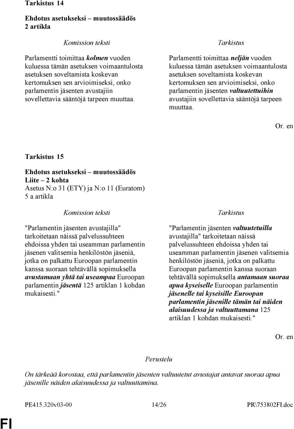 Parlamentti toimittaa neljän vuoden kuluessa tämän asetuksen voimaantulosta asetuksen soveltamista koskevan kertomuksen sen arvioimiseksi, onko parlamentin jäsenten valtuutettuihin avustajiin  15