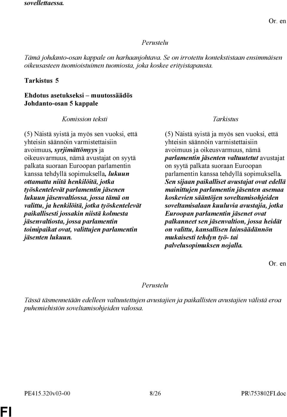 parlamentin kanssa tehdyllä sopimuksella, lukuun ottamatta niitä henkilöitä, jotka työskentelevät parlamentin jäsenen lukuun jäsenvaltiossa, jossa tämä on valittu, ja henkilöitä, jotka työskentelevät