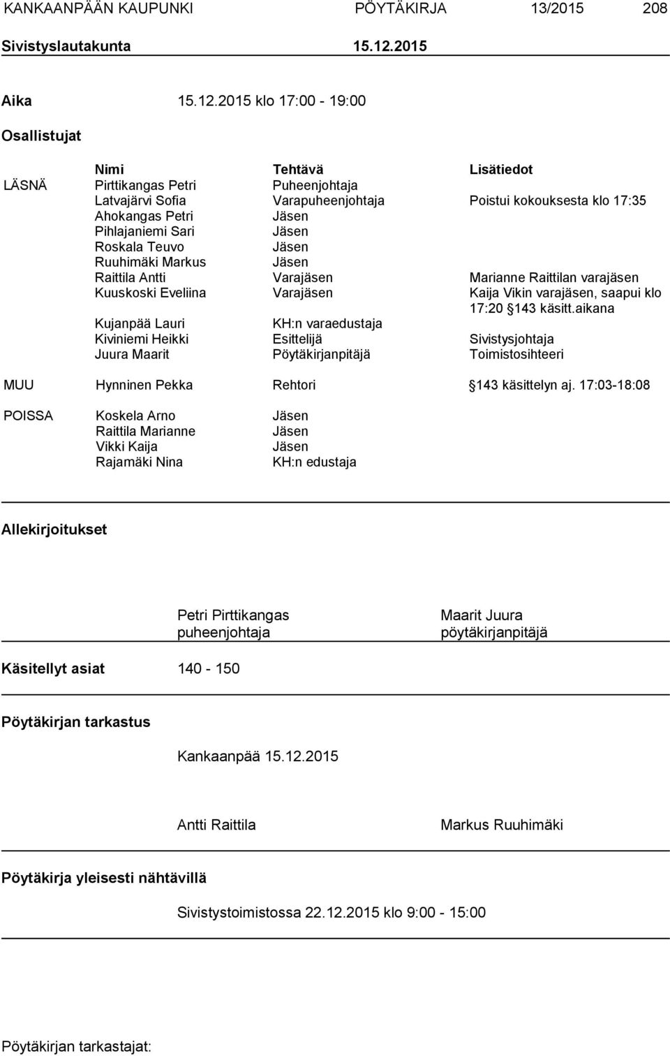 2015 klo 17:00-19:00 Osallistujat Nimi Tehtävä Lisätiedot LÄSNÄ Pirttikangas Petri Puheenjohtaja Latvajärvi Sofia Varapuheenjohtaja Poistui kokouksesta klo 17:35 Ahokangas Petri Jäsen Pihlajaniemi