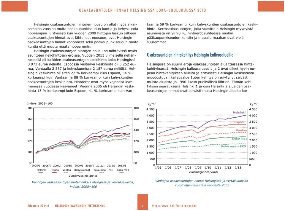 nopeammin. Helsingin osakeasuntojen hintojen nousu on nähtävissä myös asuntojen neliöhintojen eroissa.