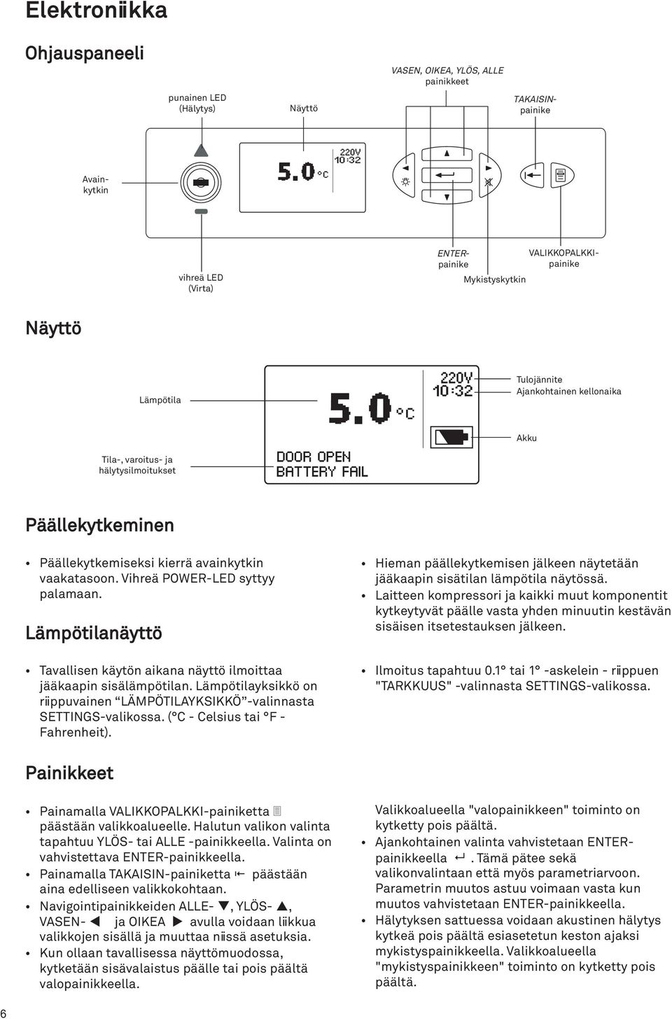 Päällekytkemiseksi kierrä avainkytkin vaakatasoon. Vihreä POWER-LED syttyy palamaan. Lämpötilanäyttö Tavallisen käytön aikana näyttö ilmoittaa jääkaapin sisälämpötilan.