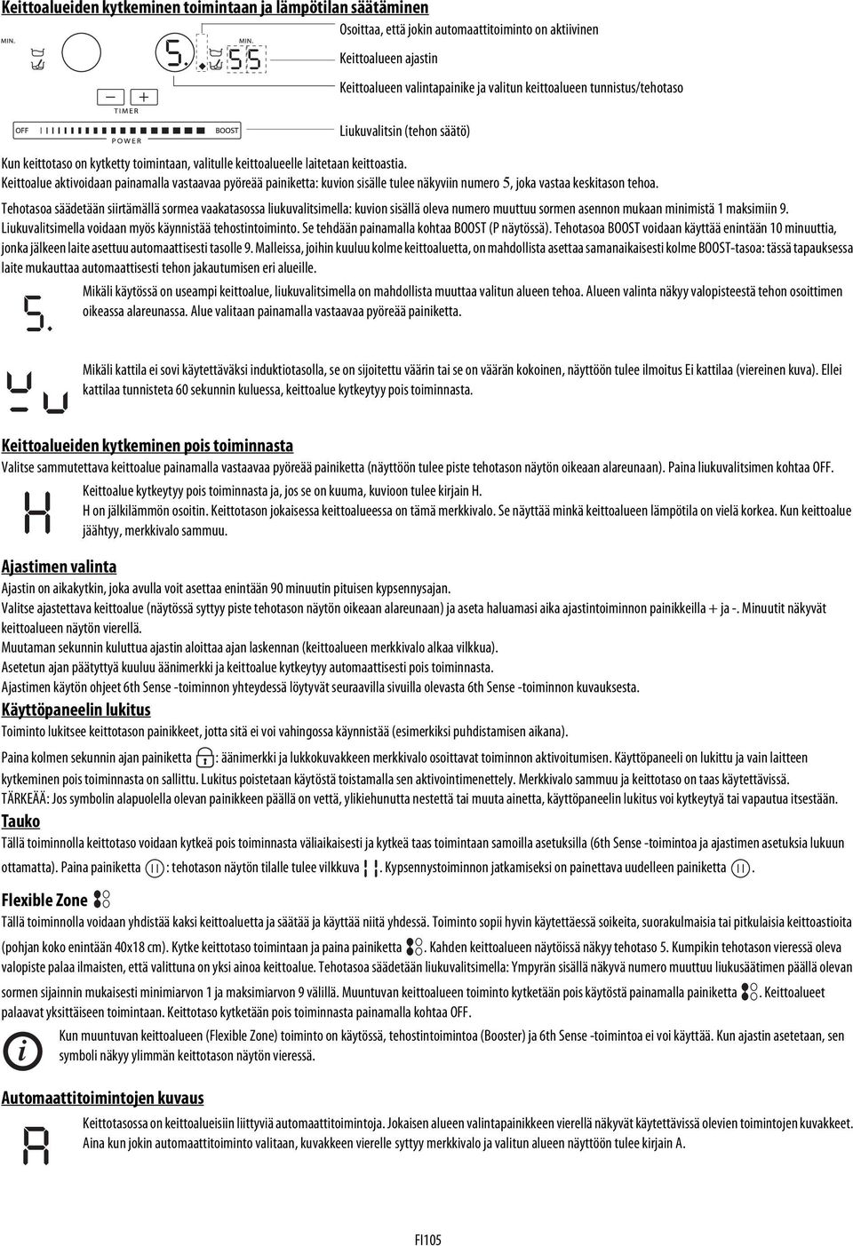 Keittoalue aktivoidaan painamalla vastaavaa pyöreää painiketta: kuvion sisälle tulee näkyviin numero 5, joka vastaa keskitason tehoa.