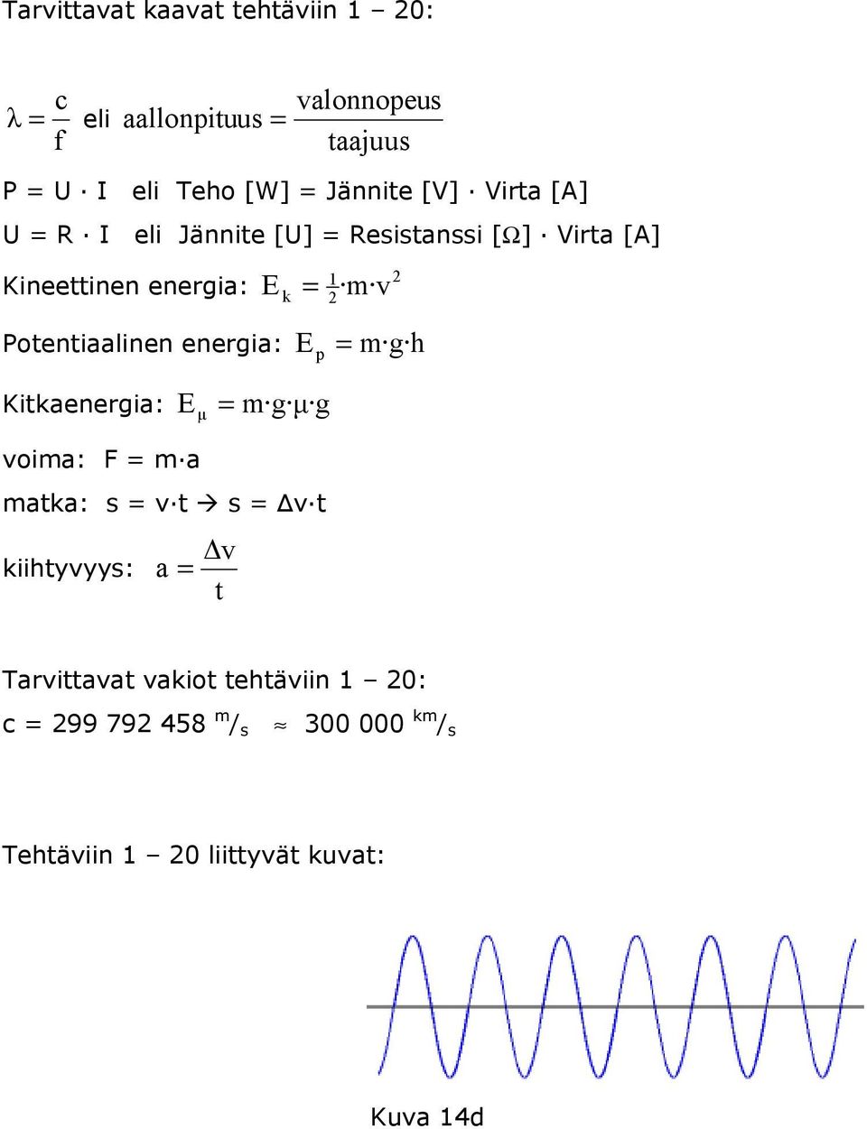 Poeniaalinen energia: E k v E p g h Kikaenergia: E μ g μ g voia: F a aka: v Δv