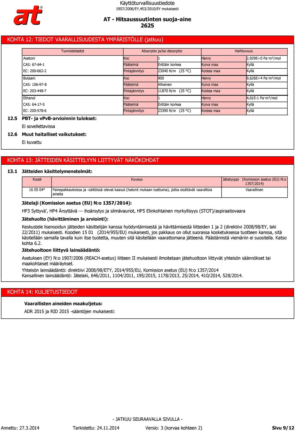 Kuiva maa Pintajännitys 23390 N/m (25 ºC) Kostea maa 12.5 12.6 PBT- ja vpvb-arvioinnin tulokset: Muut haitalliset vaikutukset: Ei kuvattu KOHTA 13: JÄTTEIDEN KÄSITTELYYN LIITTYVÄT NÄKÖKOHDAT 13.