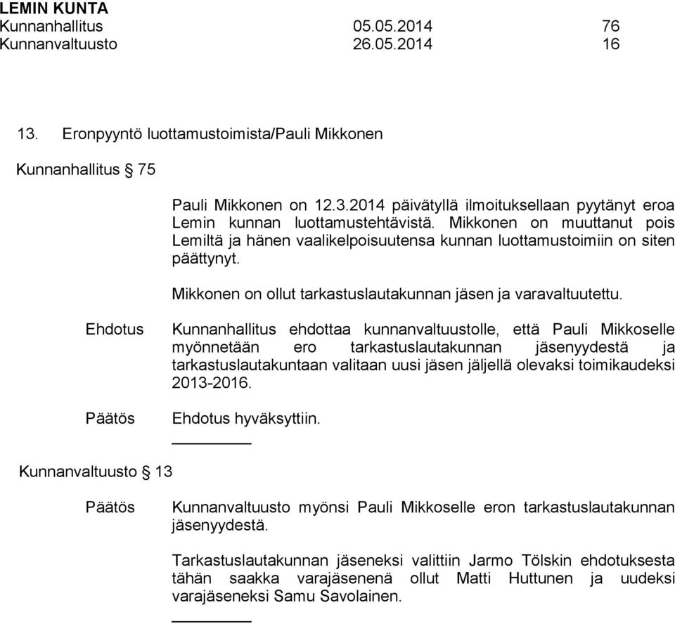 Kunnanhallitus ehdottaa kunnanvaltuustolle, että Pauli Mikkoselle myönnetään ero tarkastuslautakunnan jäsenyydestä ja tarkastuslautakuntaan valitaan uusi jäsen jäljellä olevaksi toimikaudeksi