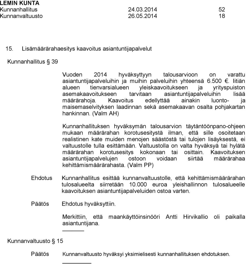 Iitiän alueen tienvarsialueen yleiskaavoitukseen ja yrityspuiston asemakaavoitukseen tarvitaan asiantuntijapalveluihin lisää määrärahoja.