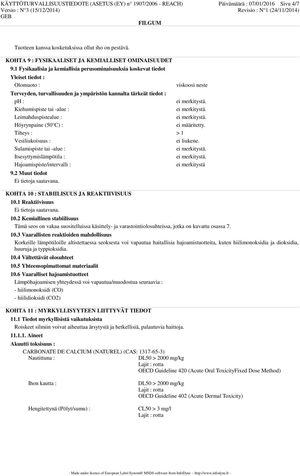 -alue : Leimahduspistealue : Höyrynpaine (50 C) : ei määritetty. Tiheys : > 1 Vesiliukoisuus : ei liukene. Sulamispiste tai -alue : Itsesyttymislämpötila : Hajoamispiste/intervalli : ei merkitystä 9.
