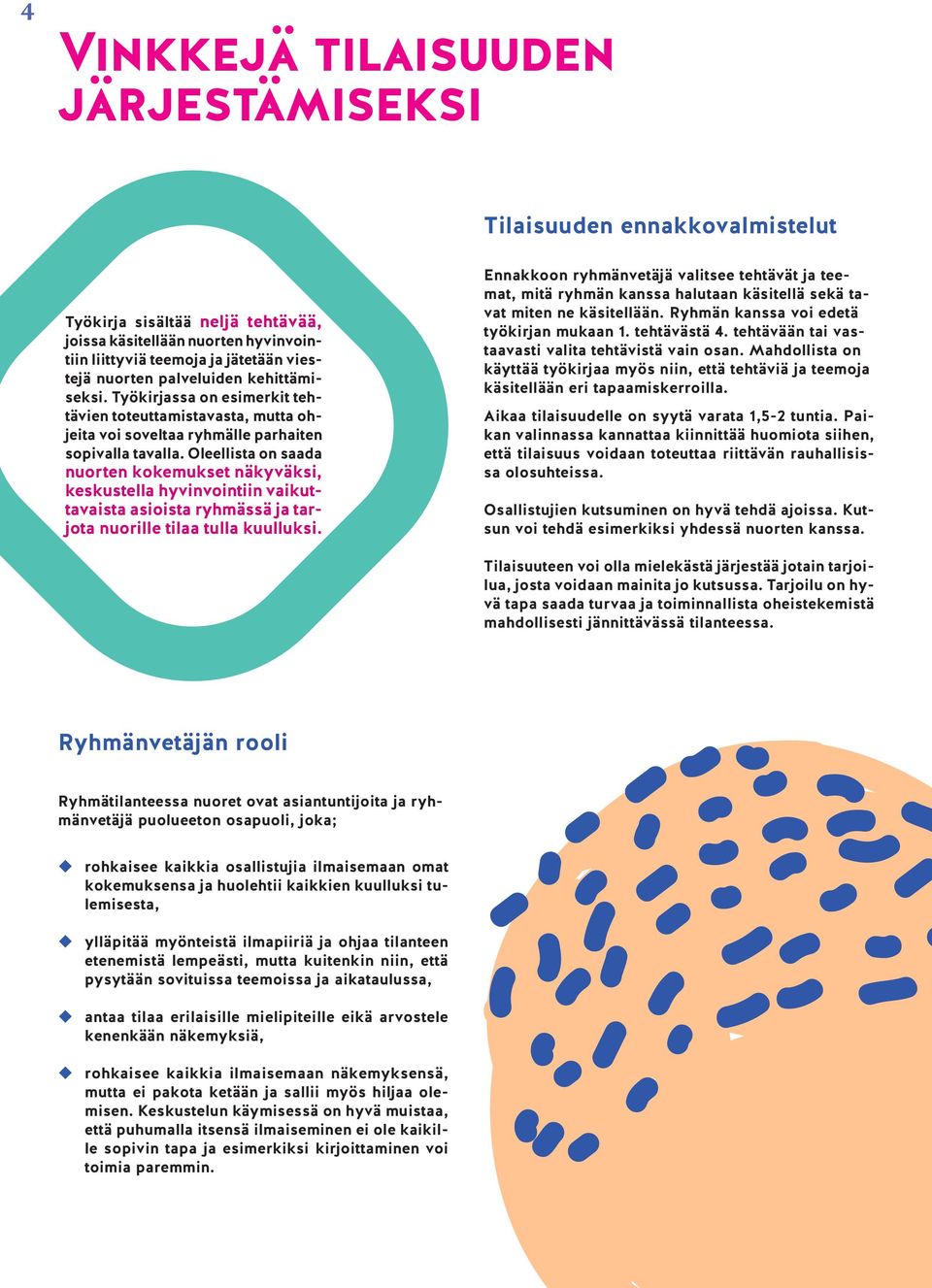 Oleellista on saada nuorten kokemukset näkyväksi, keskustella hyvinvointiin vaikuttavaista asioista ryhmässä ja tarjota nuorille tilaa tulla kuulluksi.