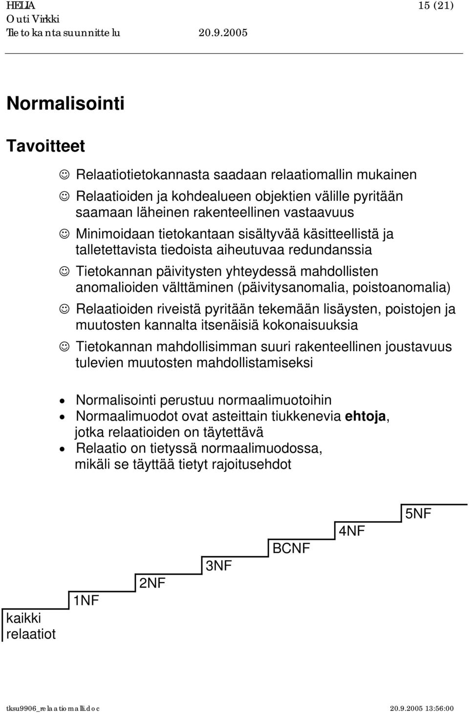 poistoanomalia) Relaatioiden riveistä pyritään tekemään lisäysten, poistojen ja muutosten kannalta itsenäisiä kokonaisuuksia Tietokannan mahdollisimman suuri rakenteellinen joustavuus tulevien