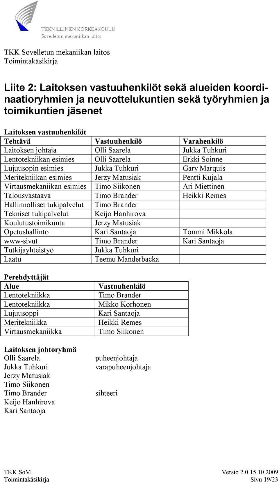 Meritekniikan esimies Jerzy Matusiak Pentti Kujala Virtausmekaniikan esimies Timo Siikonen Ari Miettinen Talousvastaava Timo Brander Heikki Remes Hallinnolliset tukipalvelut Timo Brander Tekniset