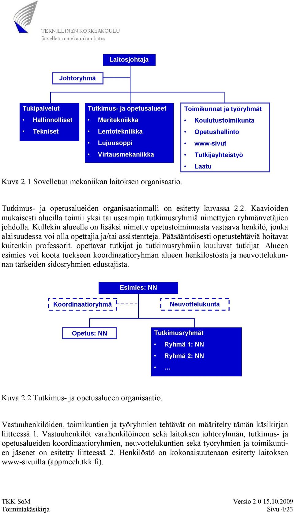 Kullekin alueelle on lisäksi nimetty opetustoiminnasta vastaava henkilö, jonka alaisuudessa voi olla opettajia ja/tai assistentteja.