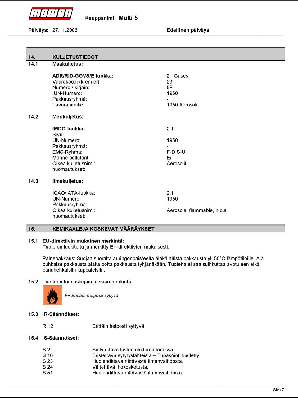 1 UNNumero: 1950 Pakkausryhmä: Oikea kuljetusnimi: Aerosols, flammable, n.o.s huomautukset: 15. KEMIKAALEJA KOSKEVAT MÄÄRÄYKSET 15.