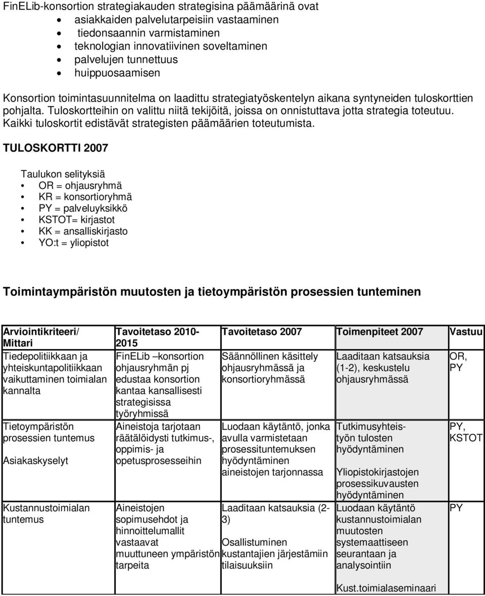 Tuloskortteihin on valittu niitä tekijöitä, joissa on onnistuttava jotta strategia toteutuu. Kaikki tuloskortit edistävät strategisten päämäärien toteutumista.