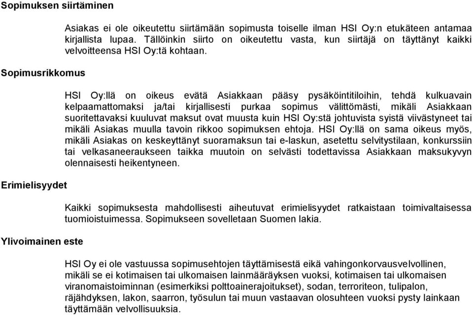 HSI Oy:llä on oikeus evätä Asiakkaan pääsy pysäköintitiloihin, tehdä kulkuavain kelpaamattomaksi ja/tai kirjallisesti purkaa sopimus välittömästi, mikäli Asiakkaan suoritettavaksi kuuluvat maksut