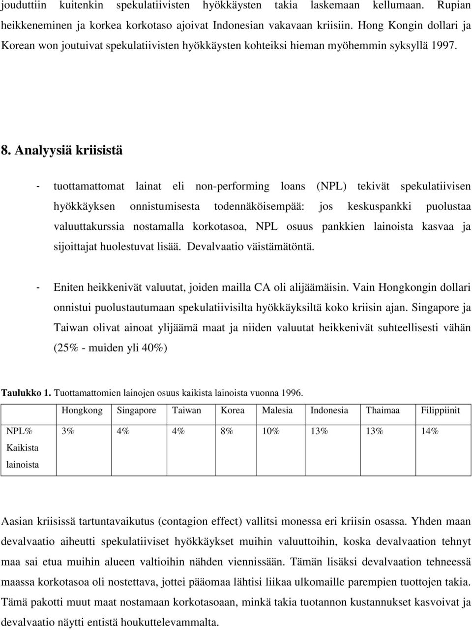 Analyysiä kriisistä - tuottamattomat lainat eli non-performing loans (NPL) tekivät spekulatiivisen hyökkäyksen onnistumisesta todennäköisempää: jos keskuspankki puolustaa valuuttakurssia nostamalla