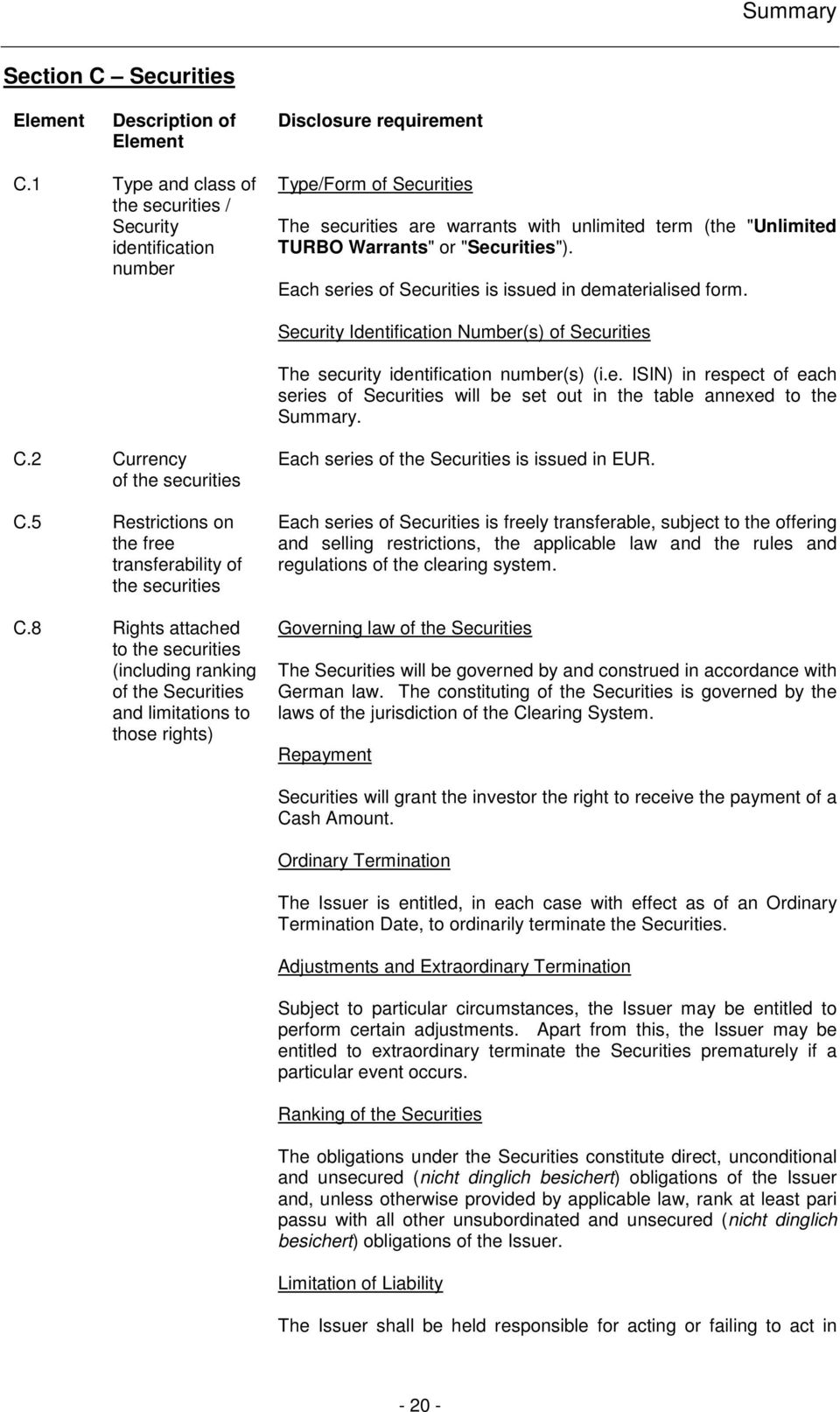 Each series of Securities is issued in dematerialised form. Security Identification Number(s) of Securities The security identification number(s) (i.e. ISIN) in respect of each series of Securities will be set out in the table annexed to the Summary.