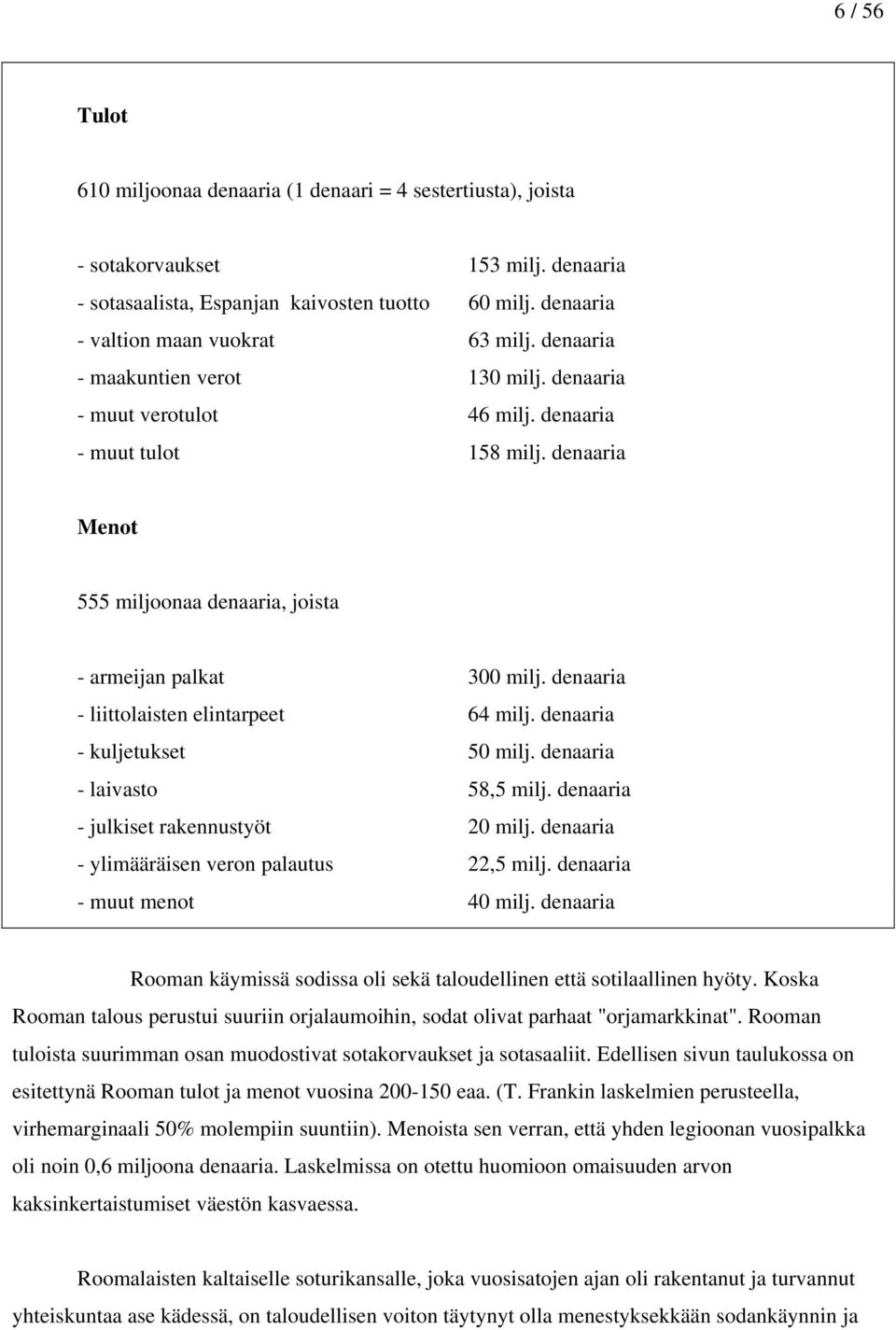 denaaria - liittolaisten elintarpeet 64 milj. denaaria - kuljetukset 50 milj. denaaria - laivasto 58,5 milj. denaaria - julkiset rakennustyöt 20 milj. denaaria - ylimääräisen veron palautus 22,5 milj.