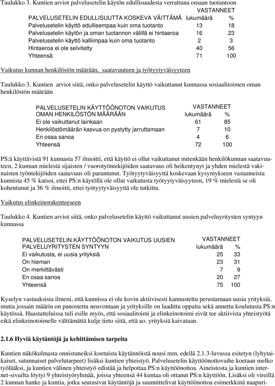 tuotanto 13 18 Palvelusetelin käytön ja oman tuotannon välillä ei hintaeroa 16 23 Palvelusetelin käyttö kalliimpaa kuin oma tuotanto 2 3 Hintaeroa ei ole selvitetty 40 56 Yhteensä 71 100 Vaikutus