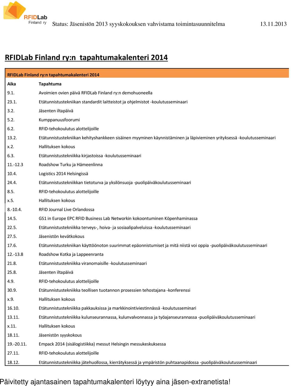 2. Hallituksen kokous 6.3. Etätunnistustekniikka kirjastoissa -koulutusseminaari 11.-12.3 Roadshow Turku ja Hämeenlinna 10.4.