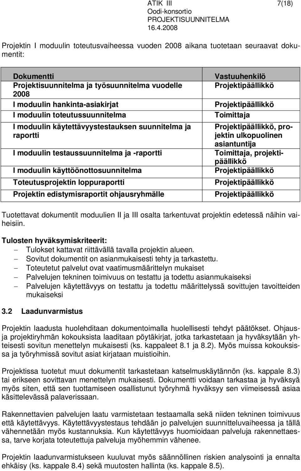 Projektin edistymisraportit ohjausryhmälle Vastuuhenkilö Projektipäällikkö Projektipäällikkö Toimittaja Projektipäällikkö, projektin ulkopuolinen asiantuntija Toimittaja, projektipäällikkö