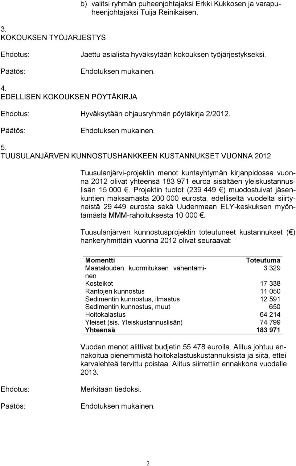 TUUSULANJÄRVEN KUNNOSTUSHANKKEEN KUSTANNUKSET VUONNA 2012 Tuusulanjärvi-projektin menot kuntayhtymän kirjanpidossa vuonna 2012 olivat yhteensä 183 971 euroa sisältäen yleiskustannuslisän 15 000.