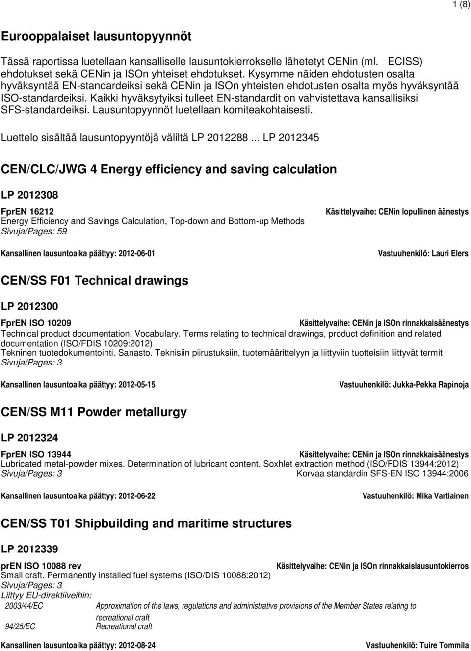 Kaikki hyväksytyiksi tulleet EN-standardit on vahvistettava kansallisiksi SFS-standardeiksi. Lausuntopyynnöt luetellaan komiteakohtaisesti. Luettelo sisältää lausuntopyyntöjä väliltä LP 2012288.
