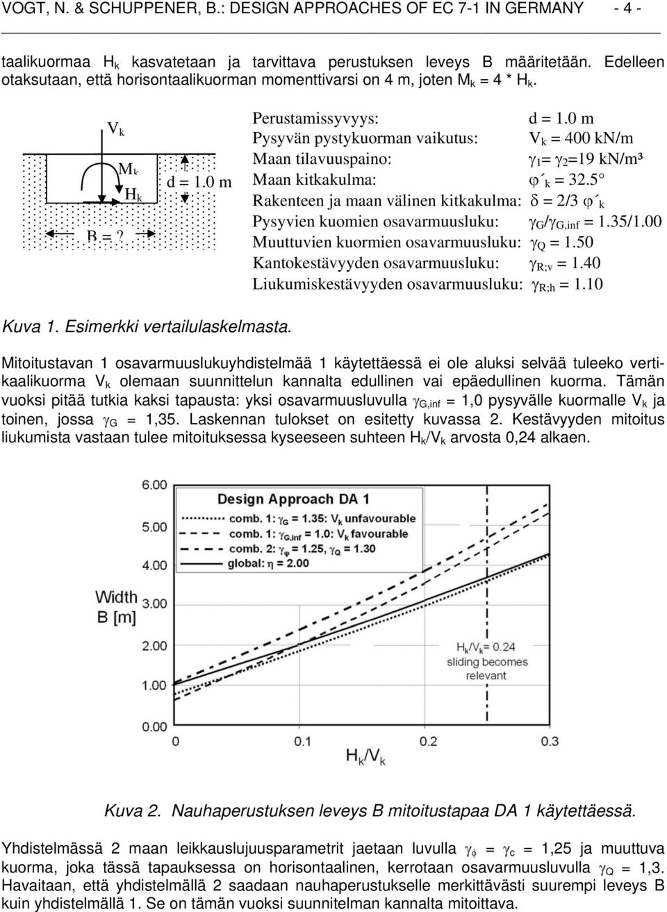 0 m Pysyvän pystykuorman vaikutus: V k = 400 kn/m Maan tilavuuspaino: γ 1 = γ 2 =19 kn/m³ Maan kitkakulma: ϕ k = 32.