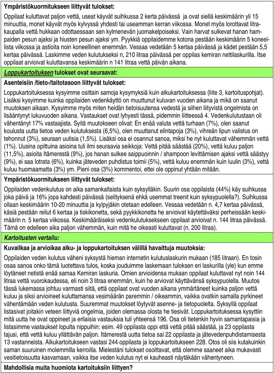 Vain harvat sulkevat hanan hampaiden pesun ajaksi ja hiusten pesun ajaksi ym. Pyykkiä oppilaidemme kotona pestään keskimäärin 5 koneellista viikossa ja astioita noin koneellinen enemmän.