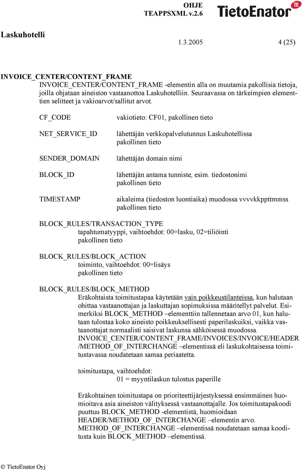 CF_CODE NET_SERVICE_ID SENDER_DOMAIN BLOCK_ID TIMESTAMP vakiotieto: CF01, pakollinen tieto lähettäjän verkkopalvelutunnus ssa pakollinen tieto lähettäjän domain nimi lähettäjän antama tunniste, esim.