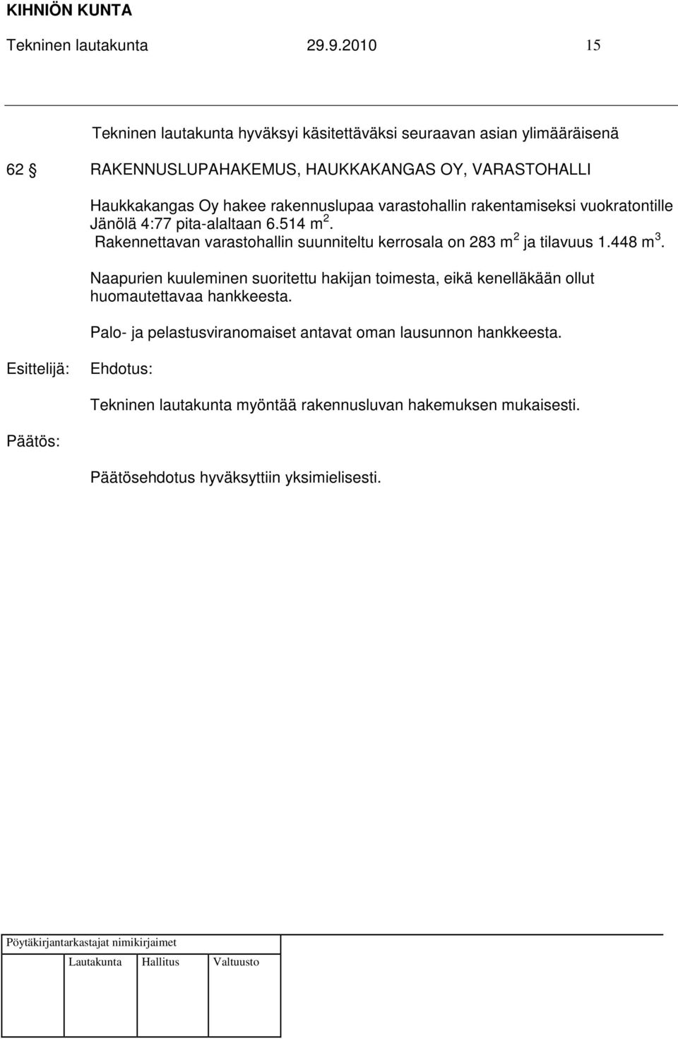 Haukkakangas Oy hakee rakennuslupaa varastohallin rakentamiseksi vuokratontille Jänölä 4:77 pita-alaltaan 6.514 m 2.