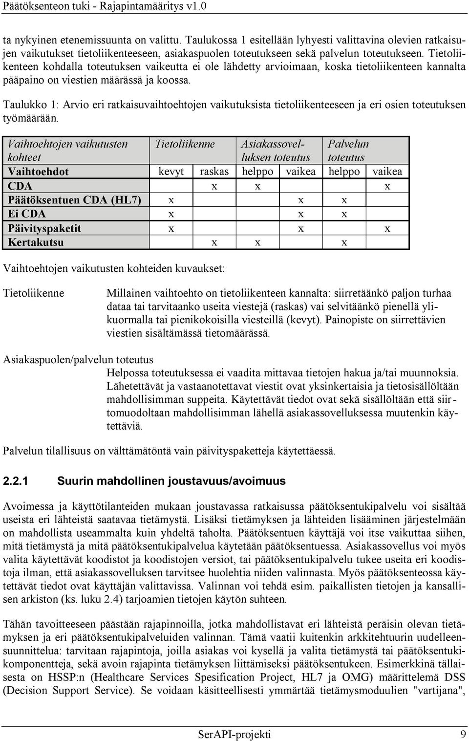 Taulukko 1: Arvio eri ratkaisuvaihtoehtojen vaikutuksista tietoliikenteeseen ja eri osien toteutuksen työmäärään.