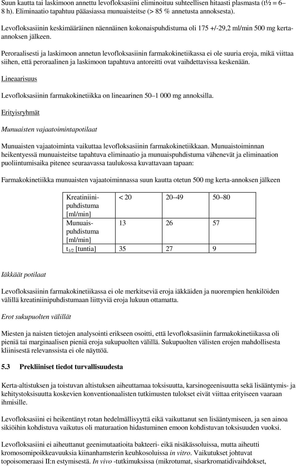 Peroraalisesti ja laskimoon annetun levofloksasiinin farmakokinetiikassa ei ole suuria eroja, mikä viittaa siihen, että peroraalinen ja laskimoon tapahtuva antoreitti ovat vaihdettavissa keskenään.