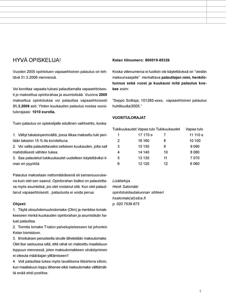 Yhden kuukauden palautus nostaa vuositulorajaasi 1010 eurolla. Tuen palautus on opiskelijalle edullinen vaihtoehto, koska: 1.