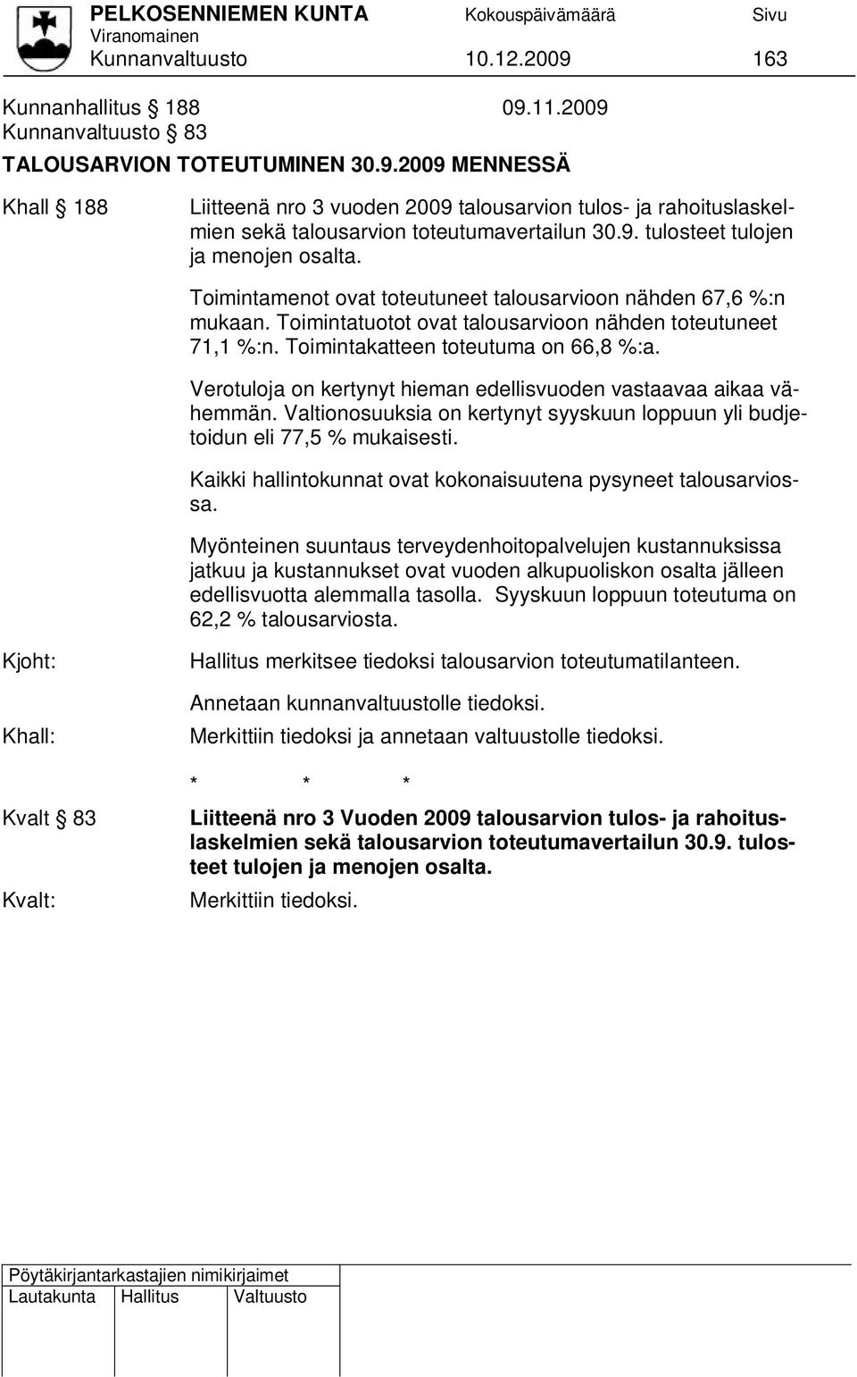 Toimintakatteen toteutuma on 66,8 %:a. Verotuloja on kertynyt hieman edellisvuoden vastaavaa aikaa vähemmän. Valtionosuuksia on kertynyt syyskuun loppuun yli budjetoidun eli 77,5 % mukaisesti.