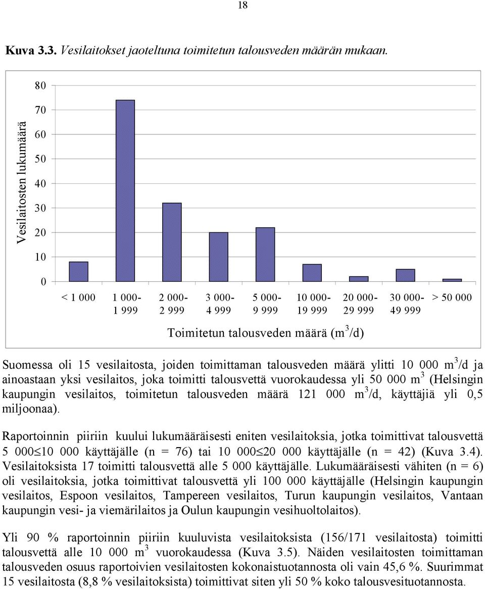 Suomessa oli 15 vesilaitosta, joiden toimittaman talousveden määrä ylitti 10 000 m 3 /d ja ainoastaan yksi vesilaitos, joka toimitti talousvettä vuorokaudessa yli 50 000 m 3 (Helsingin kaupungin