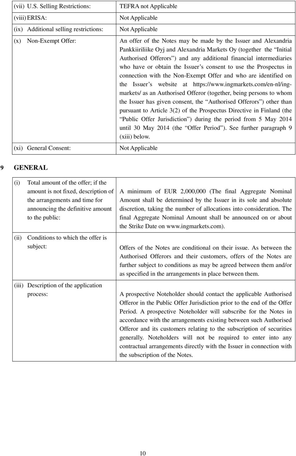 Alexandria Pankkiiriliike Oyj and Alexandria Markets Oy (together the Initial Authorised Offerors ) and any additional financial intermediaries who have or obtain the Issuer s consent to use the