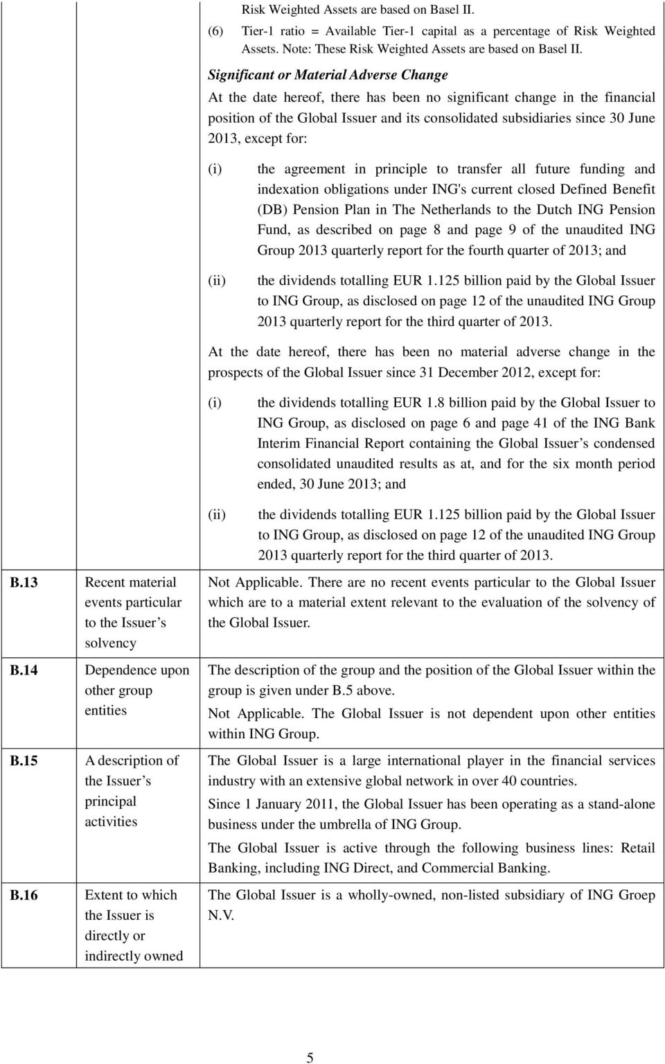 except for: (i) (ii) the agreement in principle to transfer all future funding and indexation obligations under ING's current closed Defined Benefit (DB) Pension Plan in The Netherlands to the Dutch