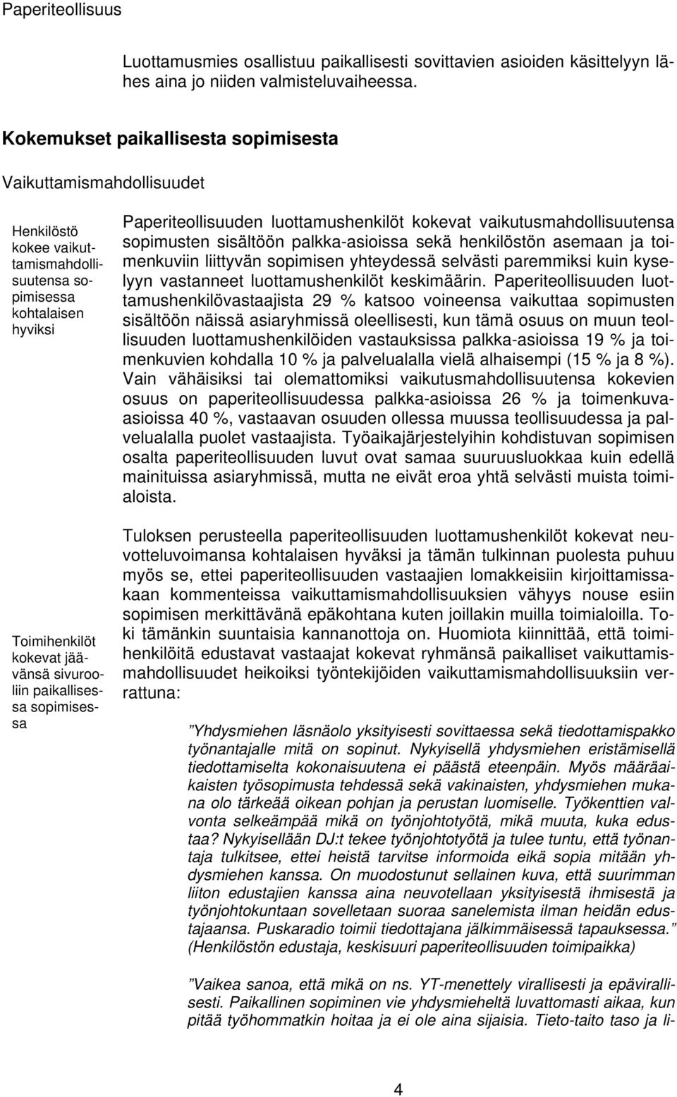 sopimisessa Paperiteollisuuden luottamushenkilöt kokevat vaikutusmahdollisuutensa sopimusten sisältöön palkka-asioissa sekä henkilöstön asemaan ja toimenkuviin liittyvän sopimisen yhteydessä selvästi