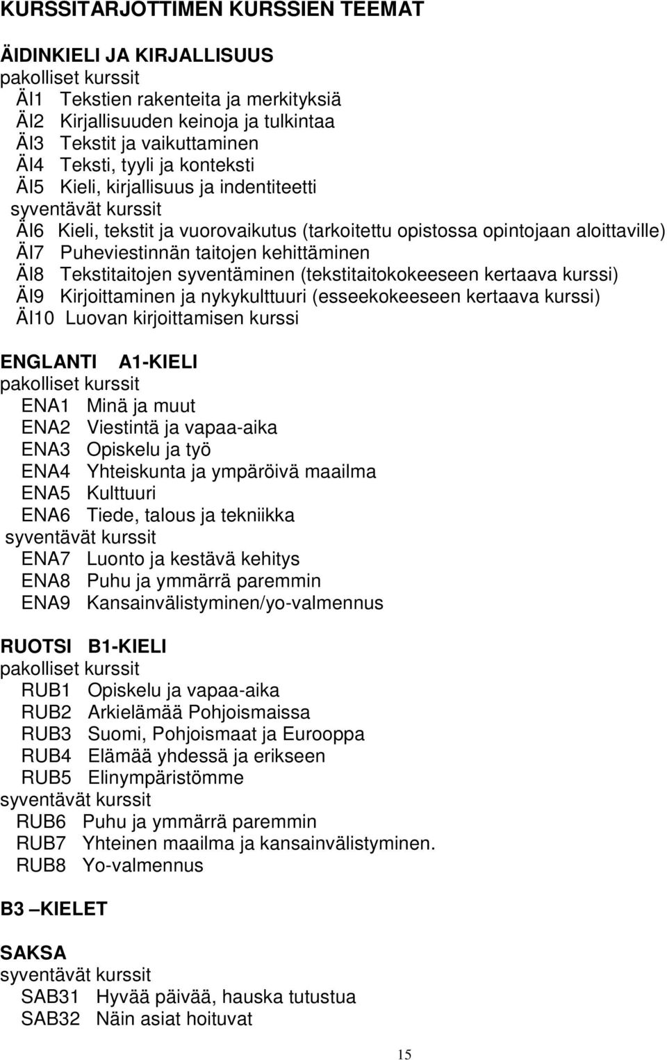 Tekstitaitojen syventäminen (tekstitaitokokeeseen kertaava kurssi) ÄI9 Kirjoittaminen ja nykykulttuuri (esseekokeeseen kertaava kurssi) ÄI10 Luovan kirjoittamisen kurssi ENGLANTI A1-KIELI pakolliset