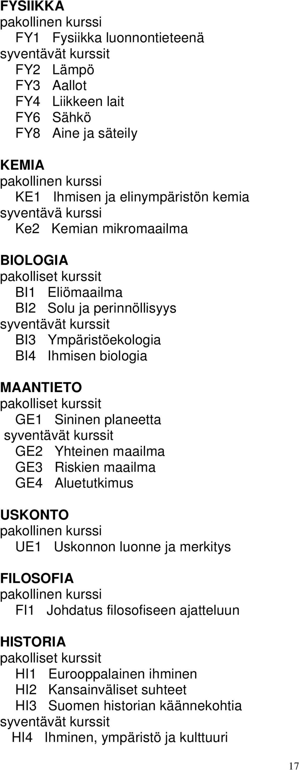 kurssit GE1 Sininen planeetta GE2 Yhteinen maailma GE3 Riskien maailma GE4 Aluetutkimus USKONTO pakollinen kurssi UE1 Uskonnon luonne ja merkitys FILOSOFIA pakollinen kurssi FI1