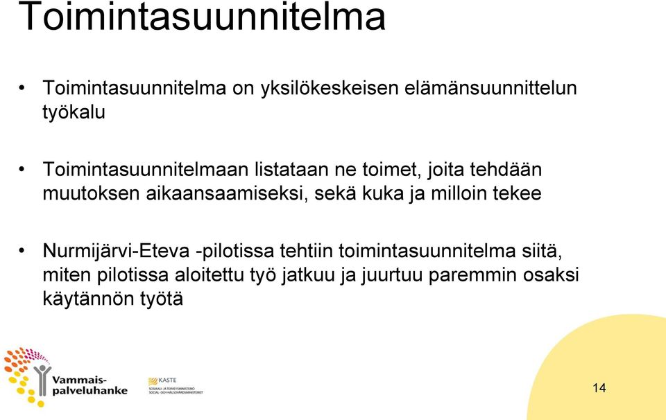 sekä kuka ja milloin tekee Nurmijärvi-Eteva -pilotissa tehtiin toimintasuunnitelma